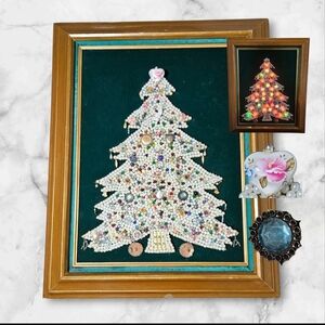 Vintage Christmas Tree Jewelry Art‎ Framed Wall Lighted Rhinestones Limoges